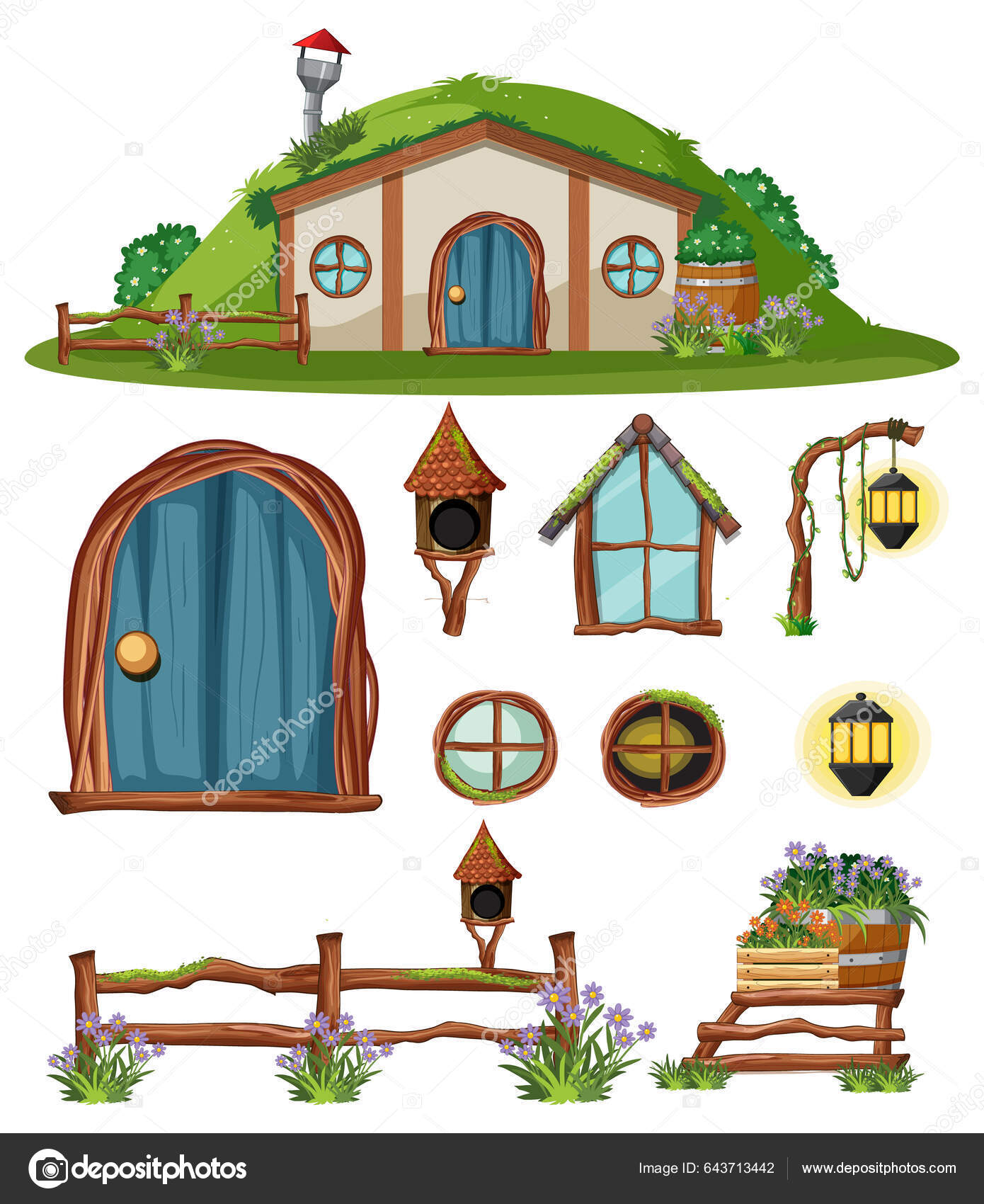 Set of hobbit house window element decoration Vector Image