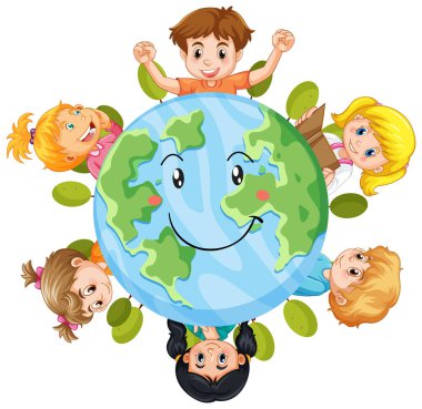 Earth planet with cartoon characters illustration