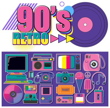 90s retro objects and elements set illustration