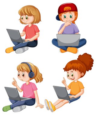 Set of children using laptop illustration