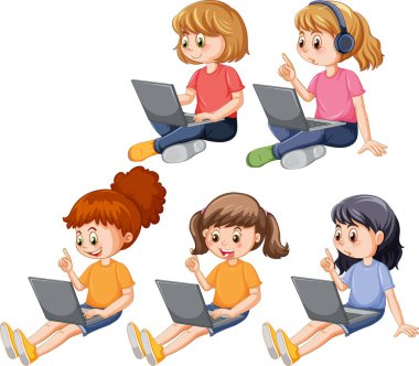 Cartoon Kids Using Laptops for Online Learning illustration