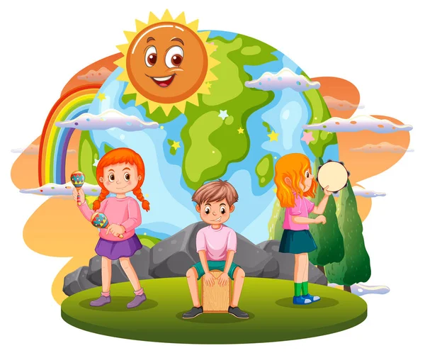 Children Playing Music Earth Globe Illustration — Stock Vector