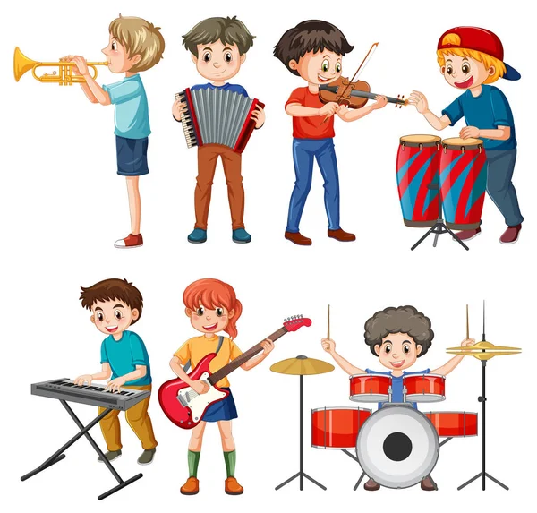 Conjunto Niños Tocando Diferentes Instrumentos Musicales Ilustración — Archivo Imágenes Vectoriales
