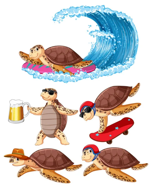 Deniz Kaplumbağası Çizgi Film Karakterleri Yaz Teması Illüstrasyonunda — Stok Vektör