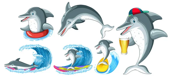Roztomilé Dolphin Cartoon Characters Collection Ilustrace — Stockový vektor