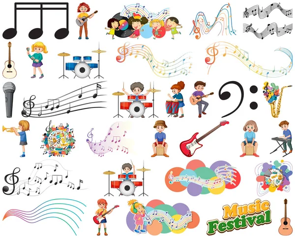Niños Instrumentos Musicales Símbolos Musicales Set Illustration — Vector de stock