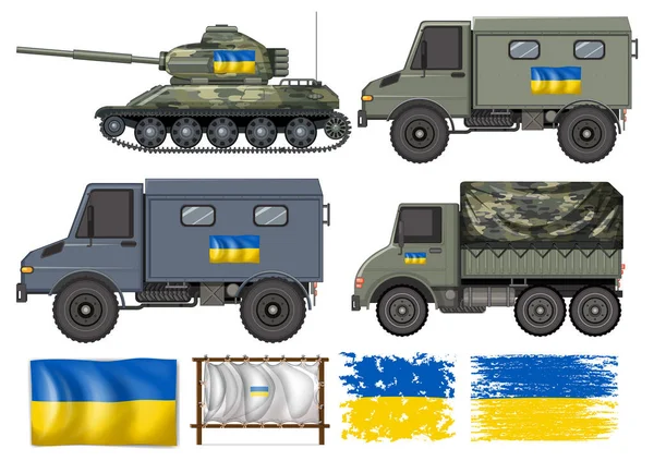 Set Von Militärtransporten Und Illustration Der Ukrainischen Flagge — Stockvektor