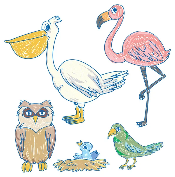 Eenvoudige Kinderen Krabbelen Van Vogels Illustratie — Stockvector