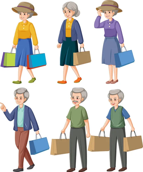 Elderly People Carrying Shopping Set Illustration — Stockový vektor