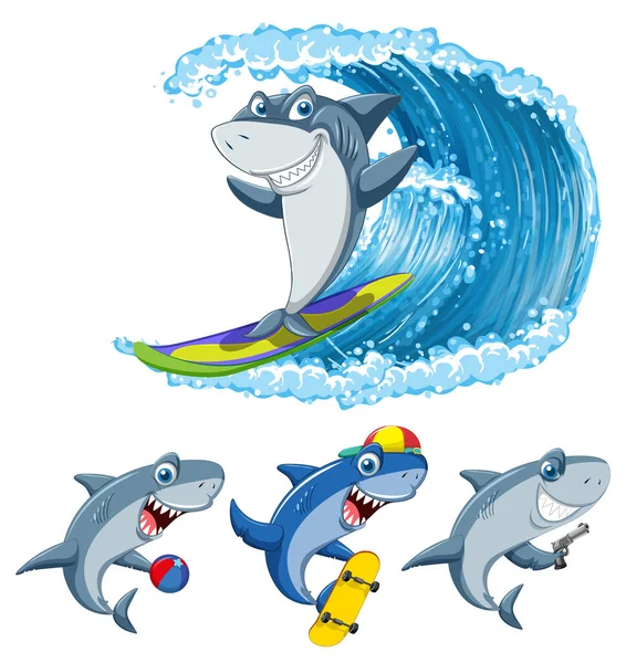 Tiburón Haciendo Diferentes Actividades Dibujos Animados Personajes Ilustración — Vector de stock