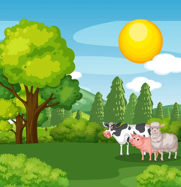 Farm Animals Grass Field Blue Sky Scene Illustration — Stock Vector