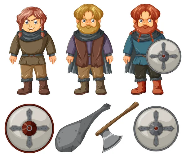 Conjunto Ilustração Personagem Desenho Animado Exército Anão Medieval — Vetor de Stock