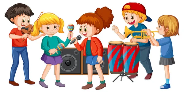 Παιδική Μουσική Μπάντα Εικονογράφηση Χαρακτήρα Κινουμένων Σχεδίων — Διανυσματικό Αρχείο