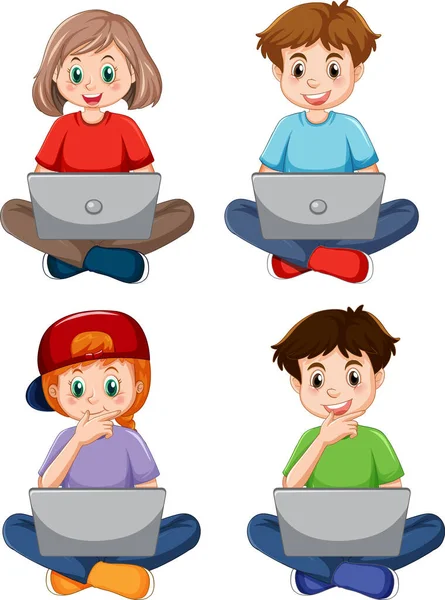 Cartoon Kids Using Laptops Online Learning Illustration — Stockvector