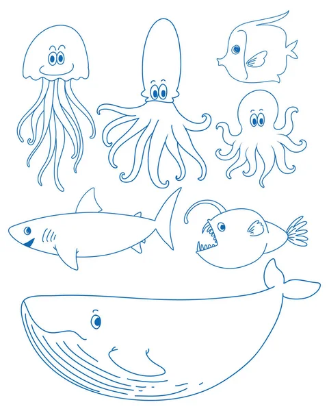 Jednoduché Čmáranice Děti Kreslení Mořských Tvorů Ilustrace — Stockový vektor