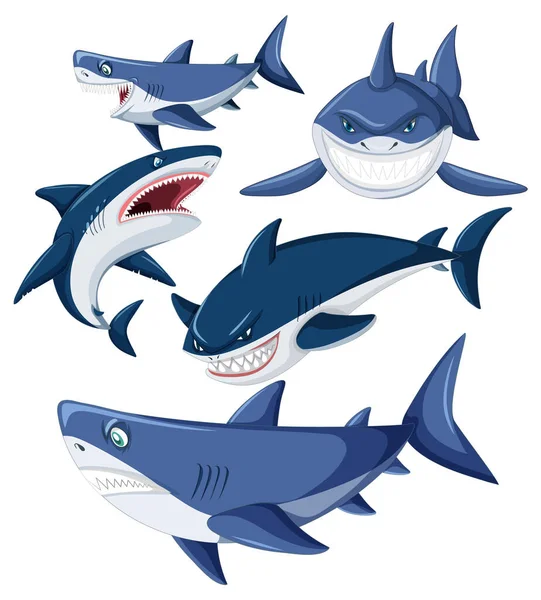 サメの様々な活動漫画のキャラクターイラストを行う — ストックベクタ