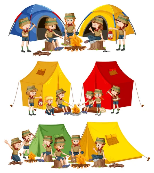 Set Bambini Godendo Camping Illustrazione — Vettoriale Stock