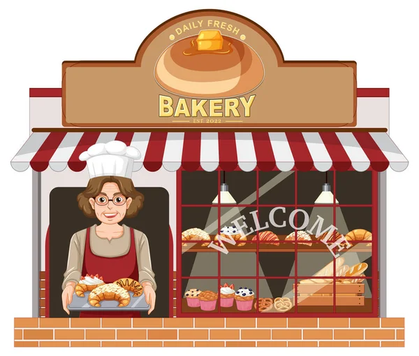 Panadería Fachada Tienda Con Panadero Mujer Ilustración — Archivo Imágenes Vectoriales