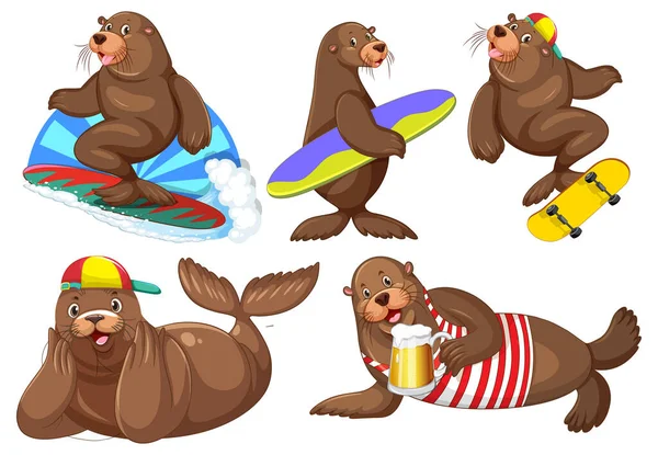 Sea Lion Cartoon Characters Summer Theme Illustration — 스톡 벡터