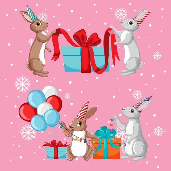 Cute Rabbits Gift Boxes Illustration — Stock Vector