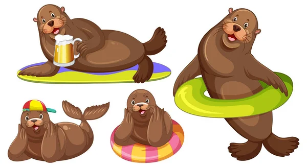 Sea Lion Cartoon Characters Summer Theme Illustration — Stock Vector