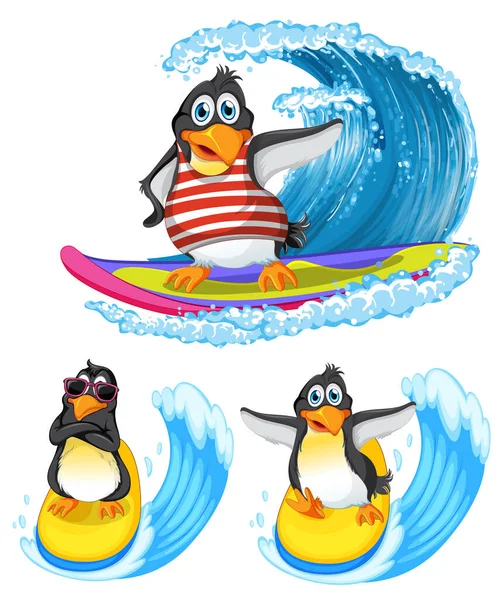 Penguin Cartoon Characters Summer Theme Illustration — Stock Vector