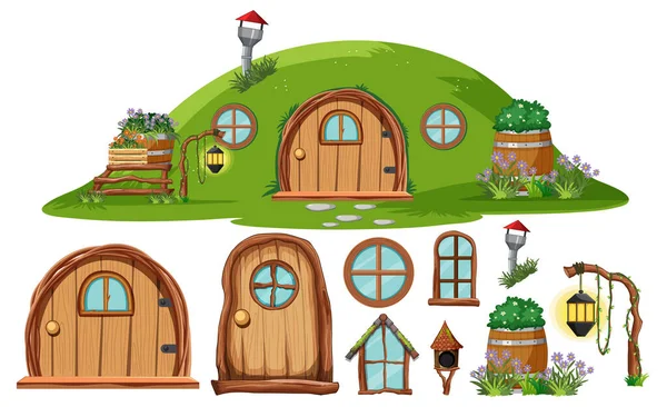 Conjunto Hobbit Casa Elemento Decoração Ilustração —  Vetores de Stock