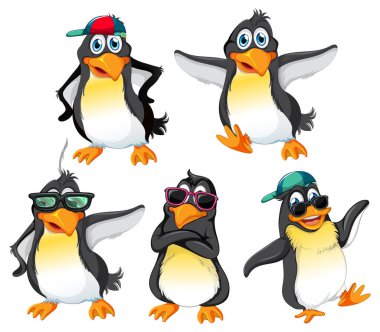 Penguen Karikatür Karakterleri Yaz Teması illüstrasyonunda