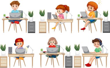 Çizgi film Çocukları Çevrimiçi Öğrenme İllüstrasyonu İçin Dizüstü Bilgisayar Kullanıyor