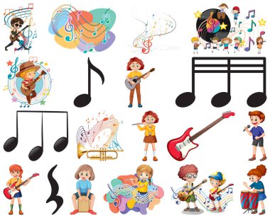 Çocuklar müzik aletleri ve müzik sembolleri resim oluşturur