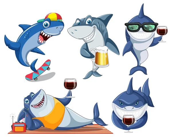 鲨鱼做不同活动漫画人物图解 — 图库矢量图片