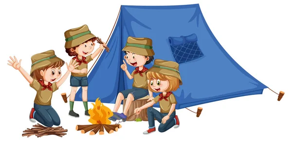 Acampamento Livre Com Scout Crianças Ilustração —  Vetores de Stock