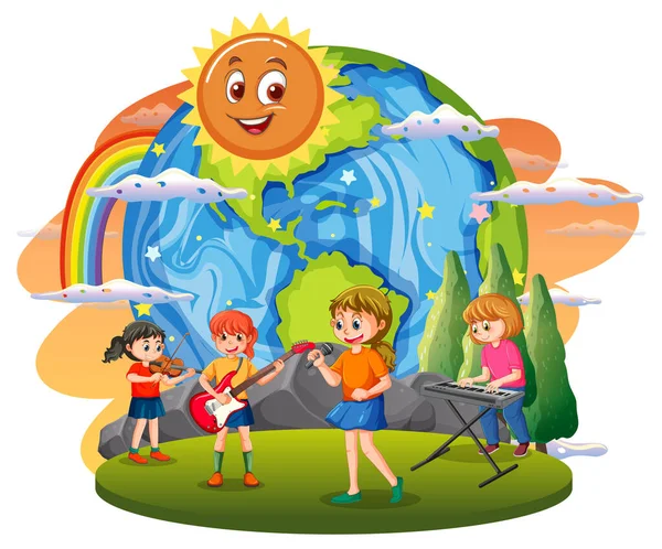Children Playing Music Earth Globe Illustration — 图库矢量图片