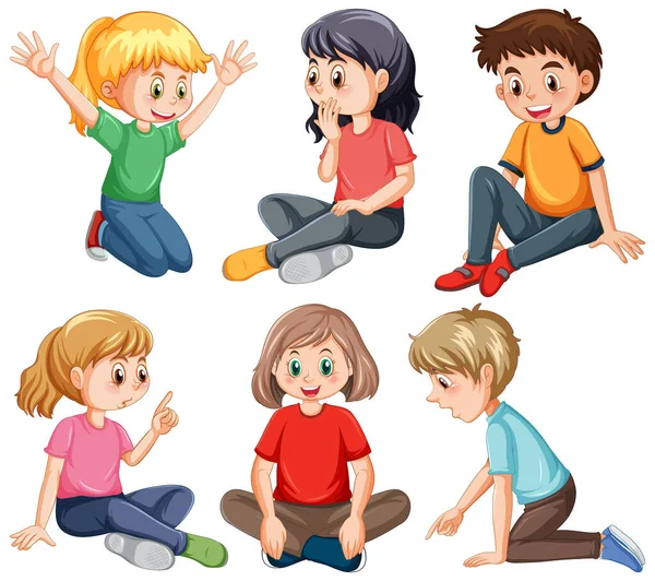 Conjunto Niños Sentado Ilustración Personaje Dibujos Animados — Vector de stock