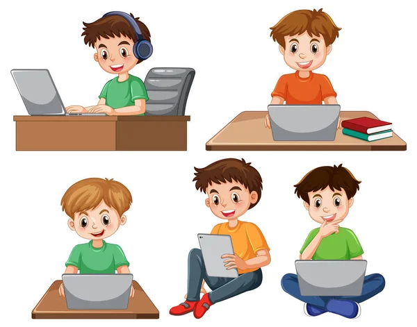 Zestaw Dzieci Pomocą Ilustracji Laptopa — Wektor stockowy