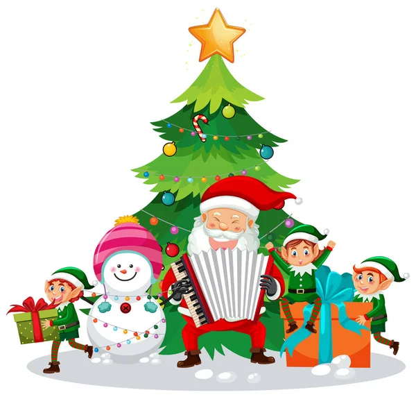 サンタクロースとエルフのイラストとクリスマスツリー — ストックベクタ