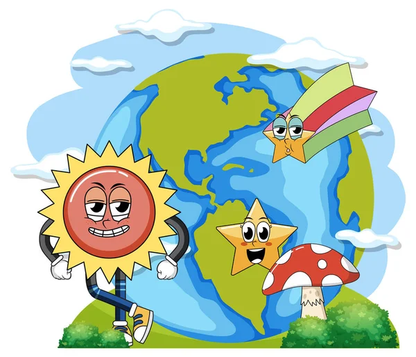 Earth Globe Funny Cartoon Characters Illustration — Stockvektor