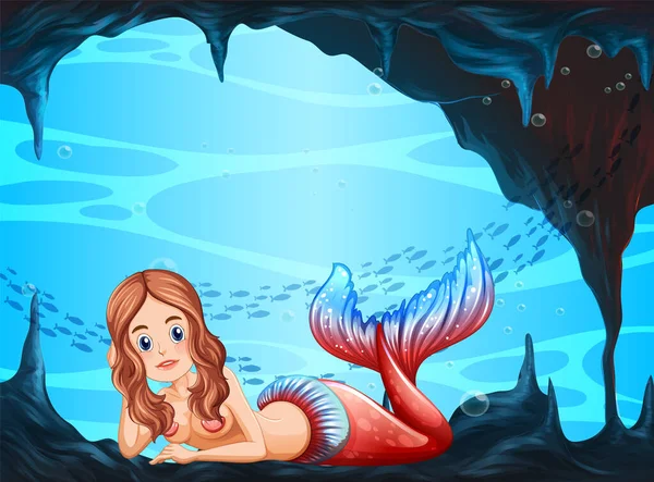 Belle Sirène Sous Marine Grotte Scène Illustration — Image vectorielle