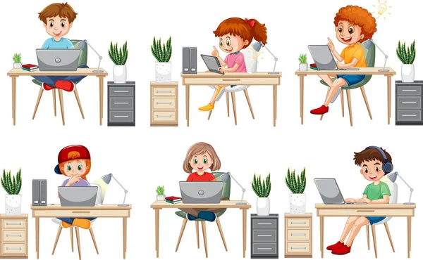 Crianças Dos Desenhos Animados Usando Laptops Para Ilustração Aprendizagem Online — Vetor de Stock