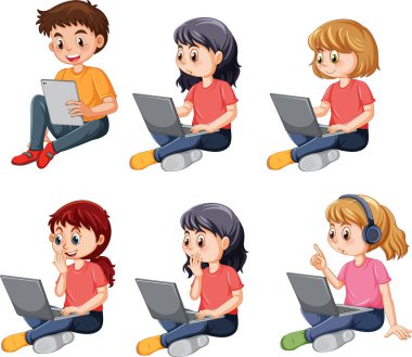 Cartoon Kids Using Laptops for Online Learning illustration