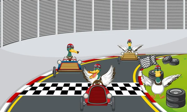Soap Box Derby Race Ducks Cartoon Character Illustration — Vector de stock
