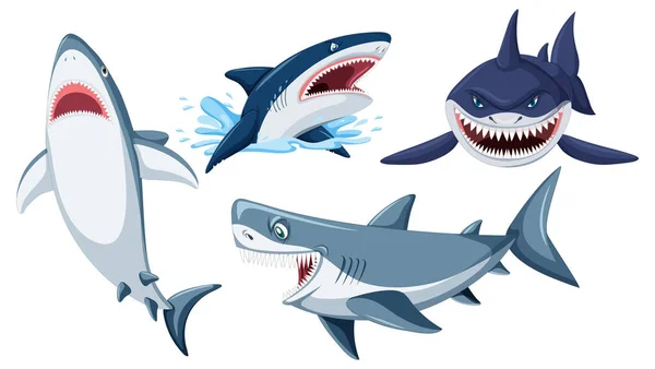 Καρχαρίας Κάνει Διαφορετικές Δραστηριότητες Εικονογράφηση Χαρακτήρες Κινουμένων Σχεδίων — Διανυσματικό Αρχείο