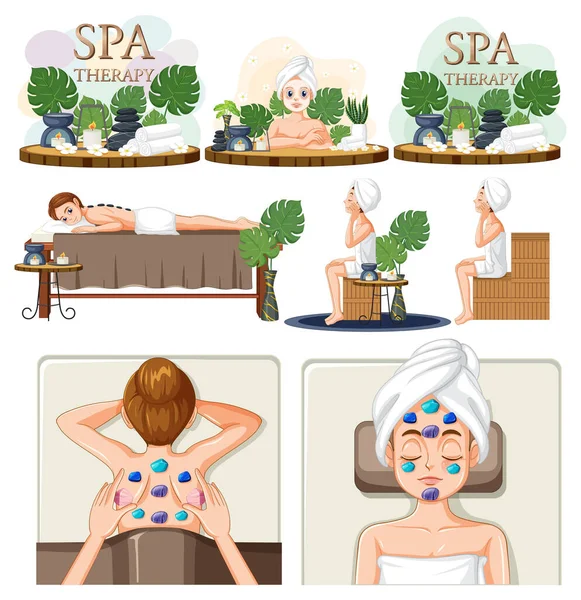 Collection Women Enjoying Spa Treatments Illustration — Stock Vector