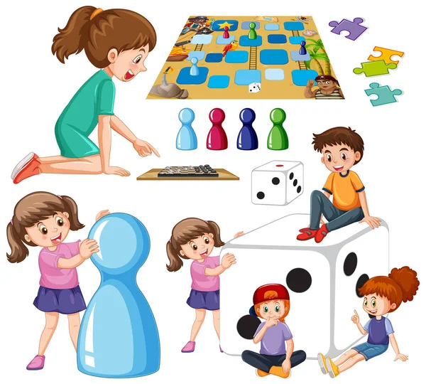Uppsättning Barn Och Brädspel Illustration — Stock vektor
