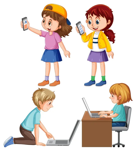 Set Children Using Laptop Illustration — Vector de stock
