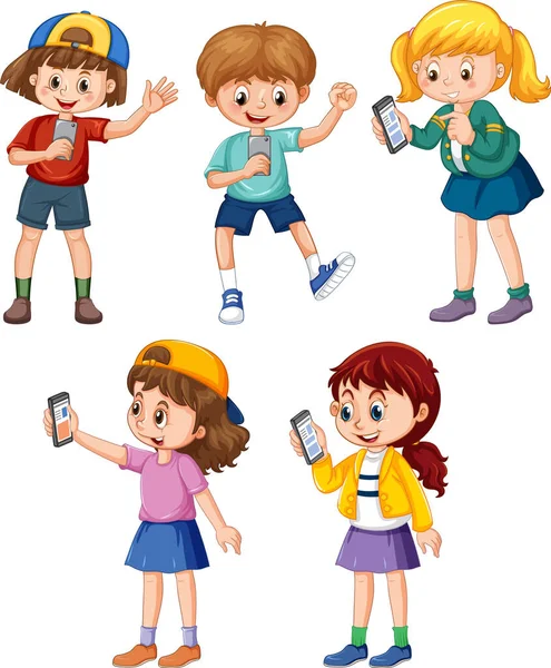 Kolekcja Dzieci Pomocą Smartfonów Ilustracja — Wektor stockowy