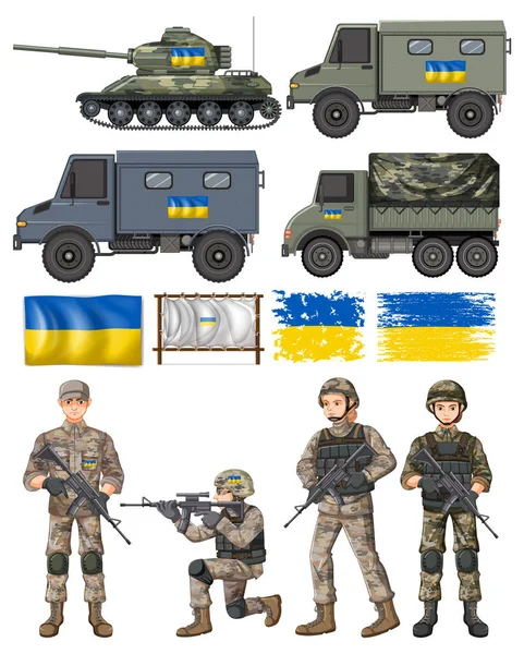 Uppsättning Militära Transporter Och Ukraina Flagga Illustration — Stock vektor