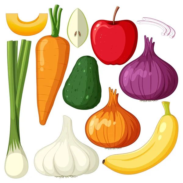 Conjunto Mistura Frutas Vegetais Ilustração —  Vetores de Stock
