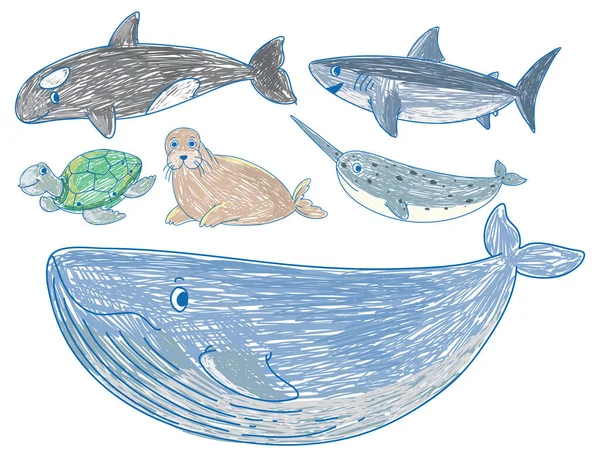 Niños Simples Garabatos Criaturas Marinas Ilustración — Vector de stock