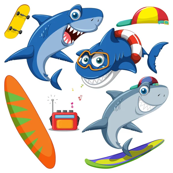 Set Sea Creatures Cartoon Character Summer Illustration — Stock Vector